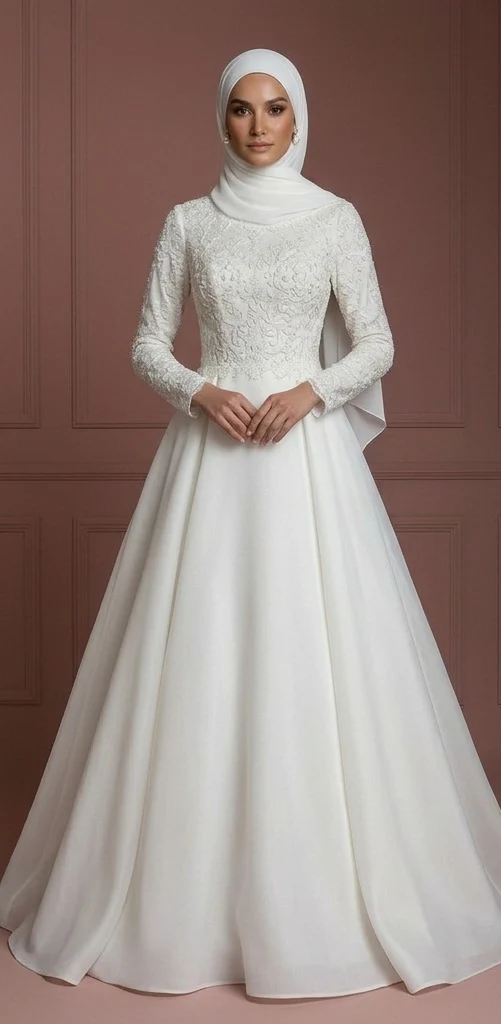 Organza Elegant Nikah Wedding Dress – Soft White Princess Hijab Style Muslim - Image 2