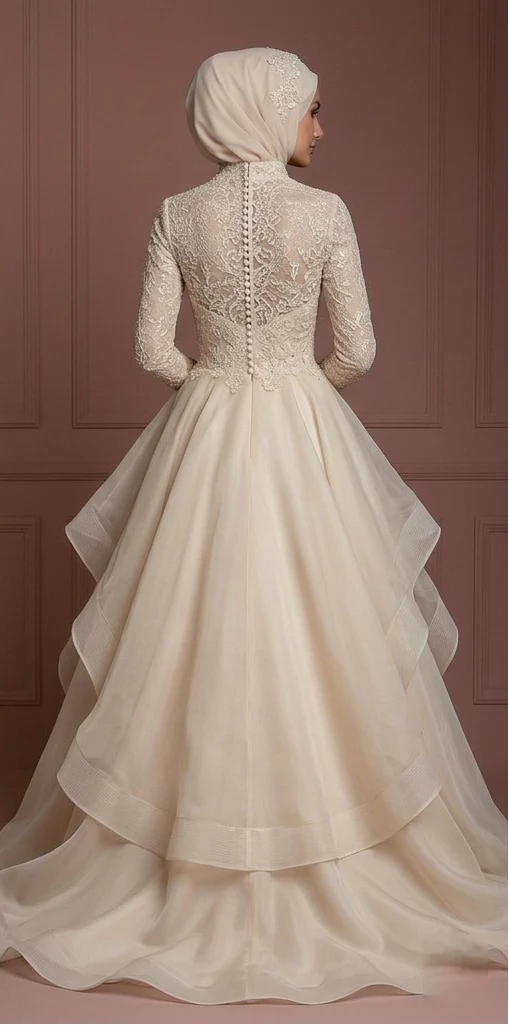 Organza Layered Ball Gown β Champagne Hijab Wedding Dress Muslim - Image 3