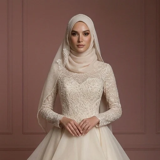Organza Layered Ball Gown β Champagne Hijab Wedding Dress Muslim - Image 4