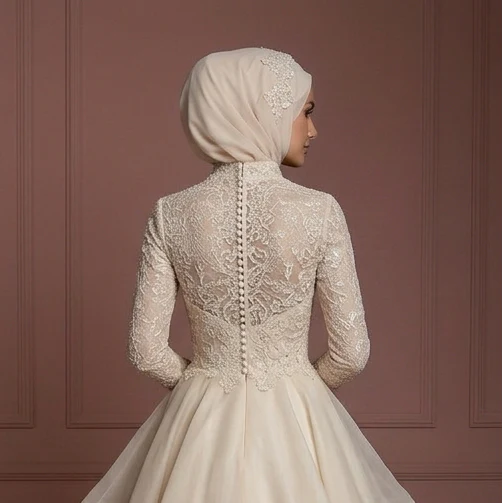 Organza Layered Ball Gown β Champagne Hijab Wedding Dress Muslim - Image 5
