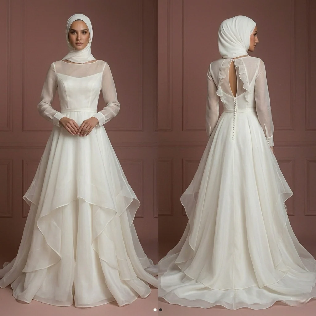 Organza Minimalist A-Line Wedding Dress – Ivory Elegant Muslim