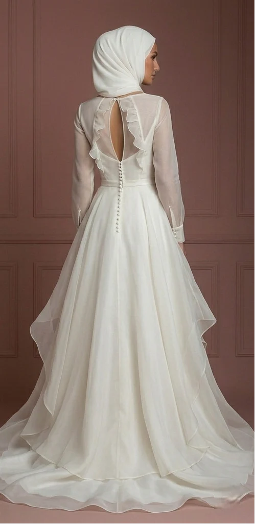 Organza Minimalist A-Line Wedding Dress – Ivory Elegant Muslim - Image 3