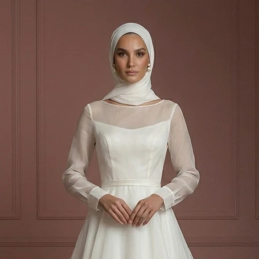 Organza Minimalist A-Line Wedding Dress – Ivory Elegant Muslim - Image 4
