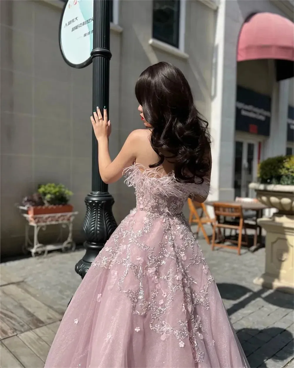 Pale Pink Ball Gown Prom Dress Lace Embroidery فساتين سهرة سعودية Off Shoulder Ostrich Hair vestido de festa noite - Image 3