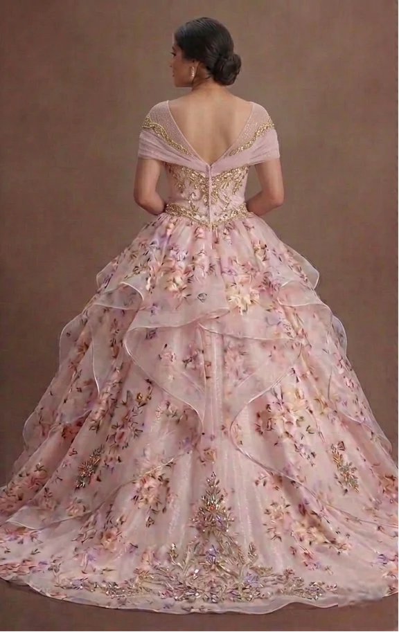 Pastel Pink Quinceañera Dress with Sparkle Mesh Underlay - Image 3