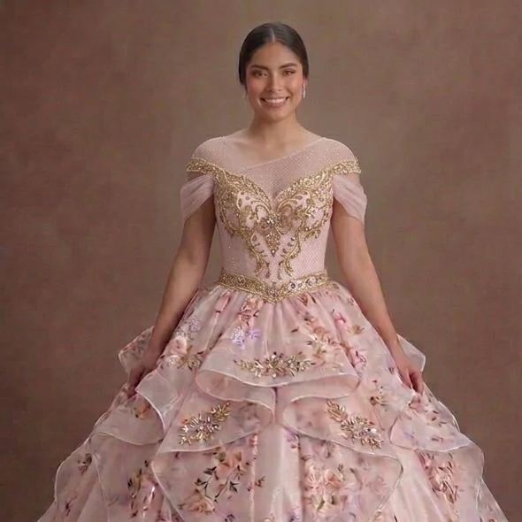 Pastel Pink Quinceañera Dress with Sparkle Mesh Underlay - Image 4