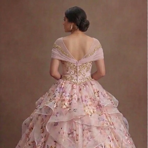 Pastel Pink Quinceañera Dress with Sparkle Mesh Underlay - Image 5