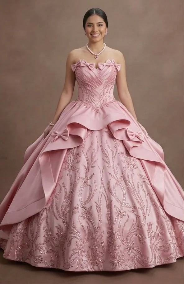 Pink Quinceañera Dress - Strapless Satin Gown with Bows - Image 2