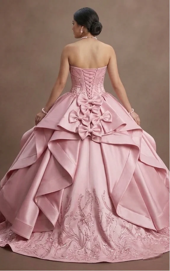 Pink Quinceañera Dress - Strapless Satin Gown with Bows - Image 3