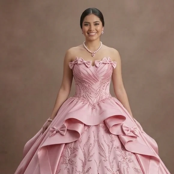 Pink Quinceañera Dress - Strapless Satin Gown with Bows - Image 4