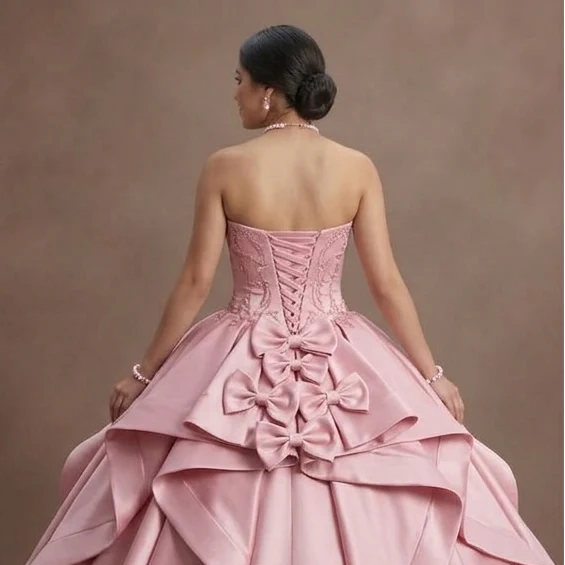 Pink Quinceañera Dress - Strapless Satin Gown with Bows - Image 5