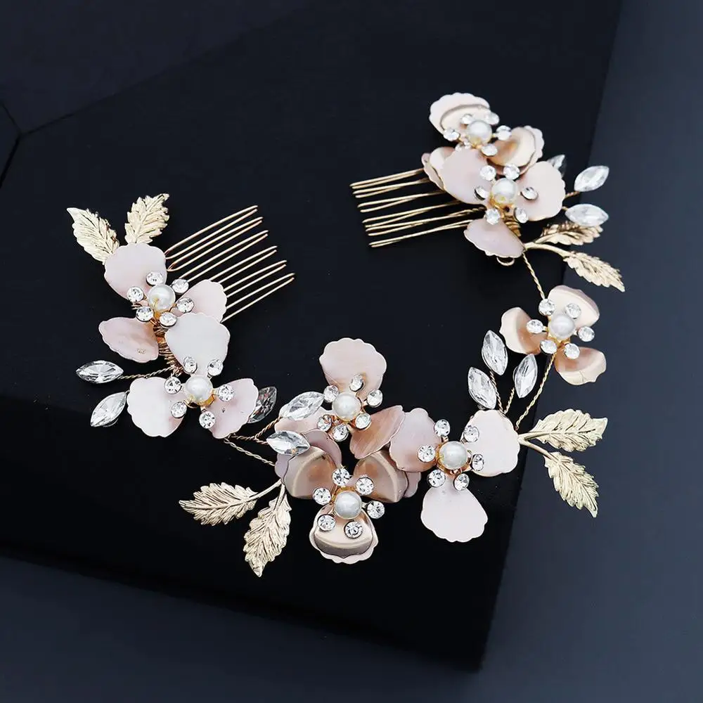 Pearl Crystal Hair Combs Pins Flower Leaf Headpieces Headbands For Brides Women Hairband Bridal Jewelry Wedding Accessories - Image 2