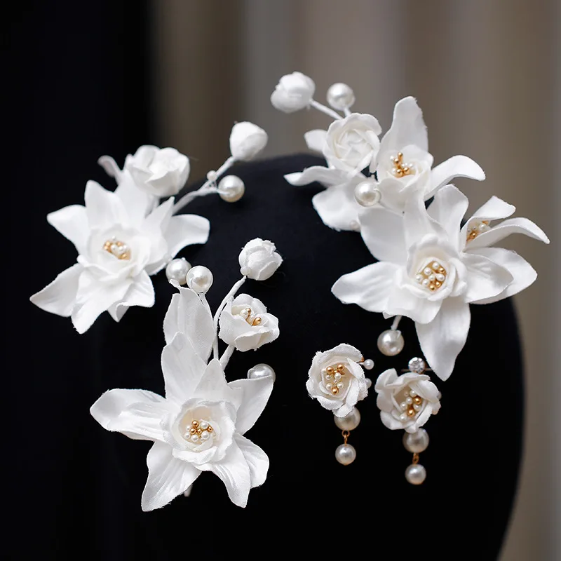 Pearl Head Piece White Flower Floral Hairpins For Brides Women Hair Pins Clips Earrings Set Wedding Accessories Bridal Jewelry - Image 2