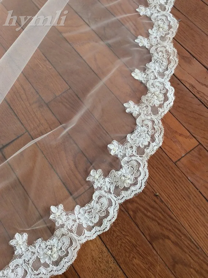 Pearl Wedding Accessories , Lace Bridal Veil , 2 Layer 70cm / 230cm Chapel Length Veil - Image 4
