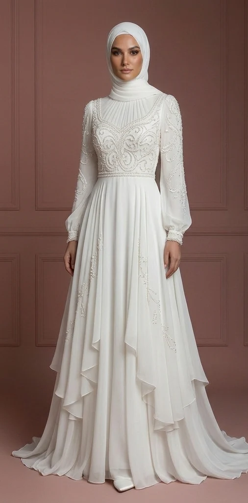 Pearl White Chiffon Flowing Wedding Dress – Elegant Hijab-Friendly Style Muslim - Image 2