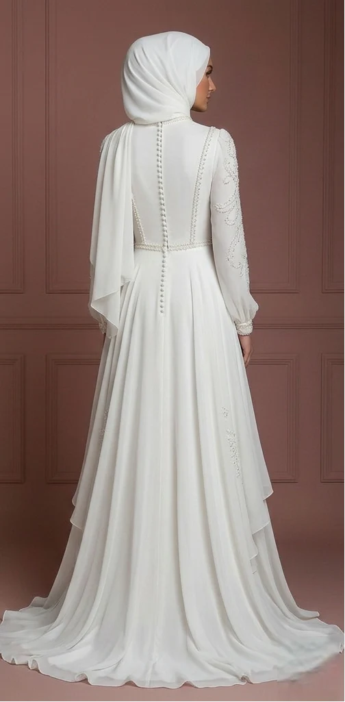 Pearl White Chiffon Flowing Wedding Dress – Elegant Hijab-Friendly Style Muslim - Image 3