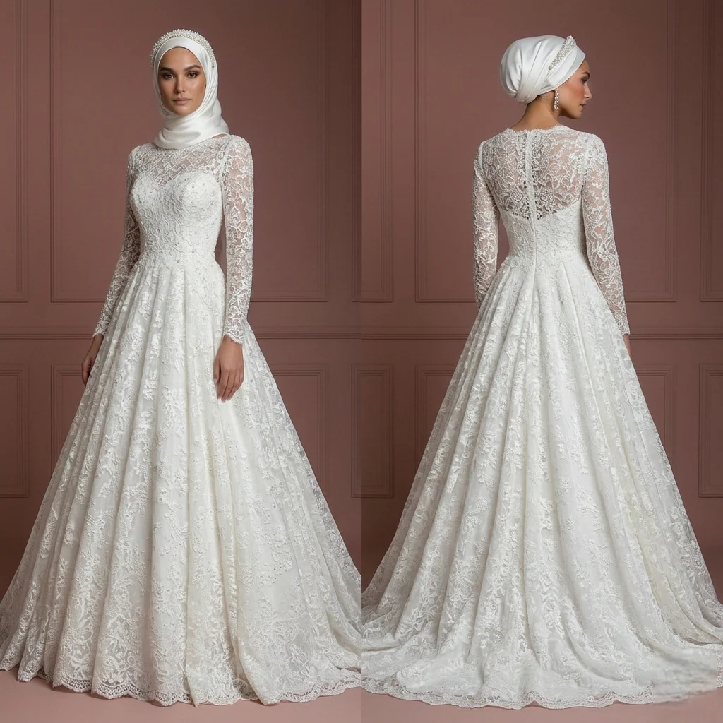 Pearl White Lace Ball Gown – Hijab-Friendly Elegant Wedding Dress Muslim