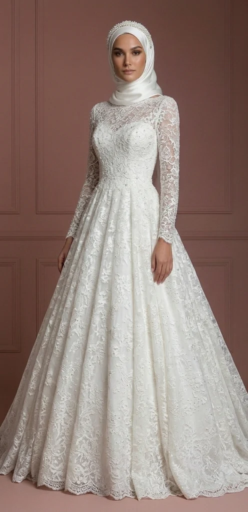 Pearl White Lace Ball Gown – Hijab-Friendly Elegant Wedding Dress Muslim - Image 2