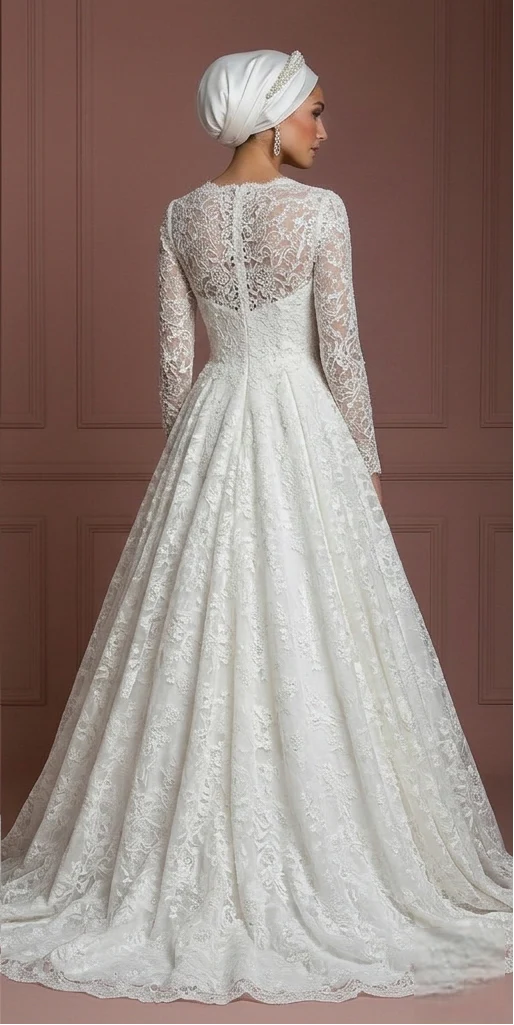 Pearl White Lace Ball Gown – Hijab-Friendly Elegant Wedding Dress Muslim - Image 3