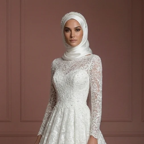Pearl White Lace Ball Gown – Hijab-Friendly Elegant Wedding Dress Muslim - Image 4