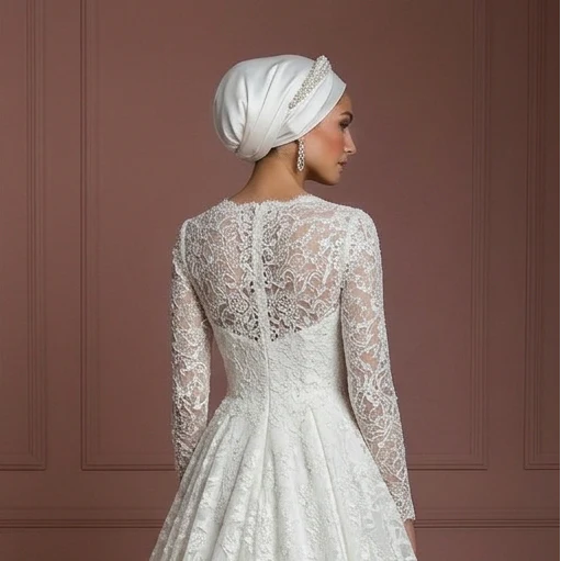 Pearl White Lace Ball Gown – Hijab-Friendly Elegant Wedding Dress Muslim - Image 5