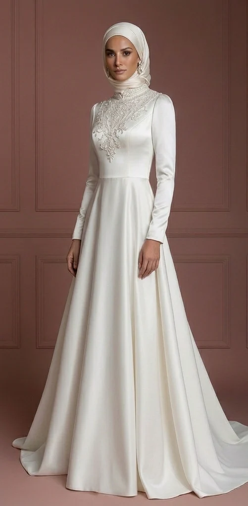 Pearl White Satin Long Sleeve Wedding Dress – Elegant Hijab Style Muslim - Image 2