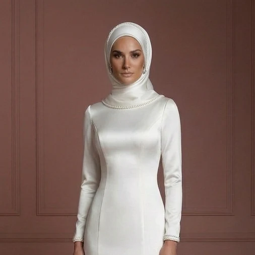 Pearl White Satin Mermaid Wedding Dress – Modest Hijab Bridal Style Muslim - Image 4