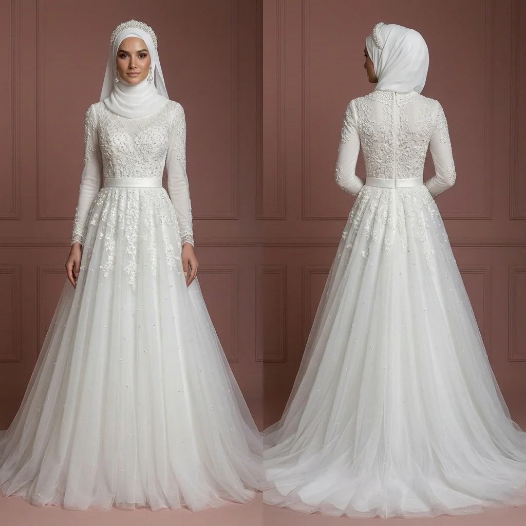 Pearl White Tulle Princess Wedding Dress – Elegant Modest Muslim Bridal Look