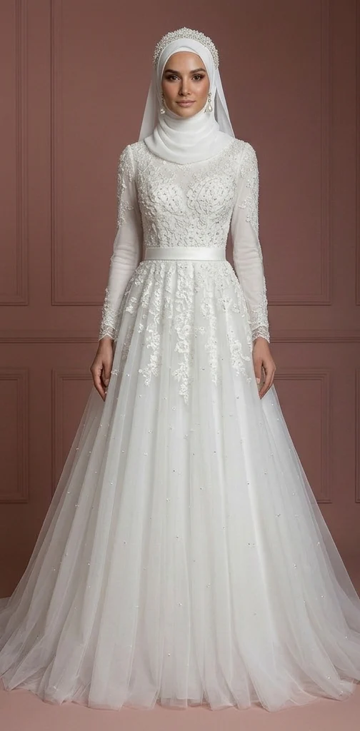 Pearl White Tulle Princess Wedding Dress – Elegant Modest Muslim Bridal Look - Image 2