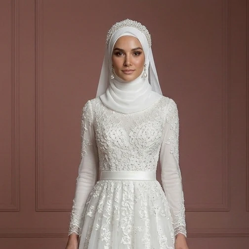 Pearl White Tulle Princess Wedding Dress – Elegant Modest Muslim Bridal Look - Image 4