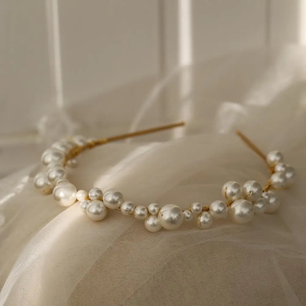 Pearls Beaded Headband Headpiece Vintage Tiara Crown For Brides Women Headwear Hairband Wedding Accessories Bridal Hair Jewelry - Image 3