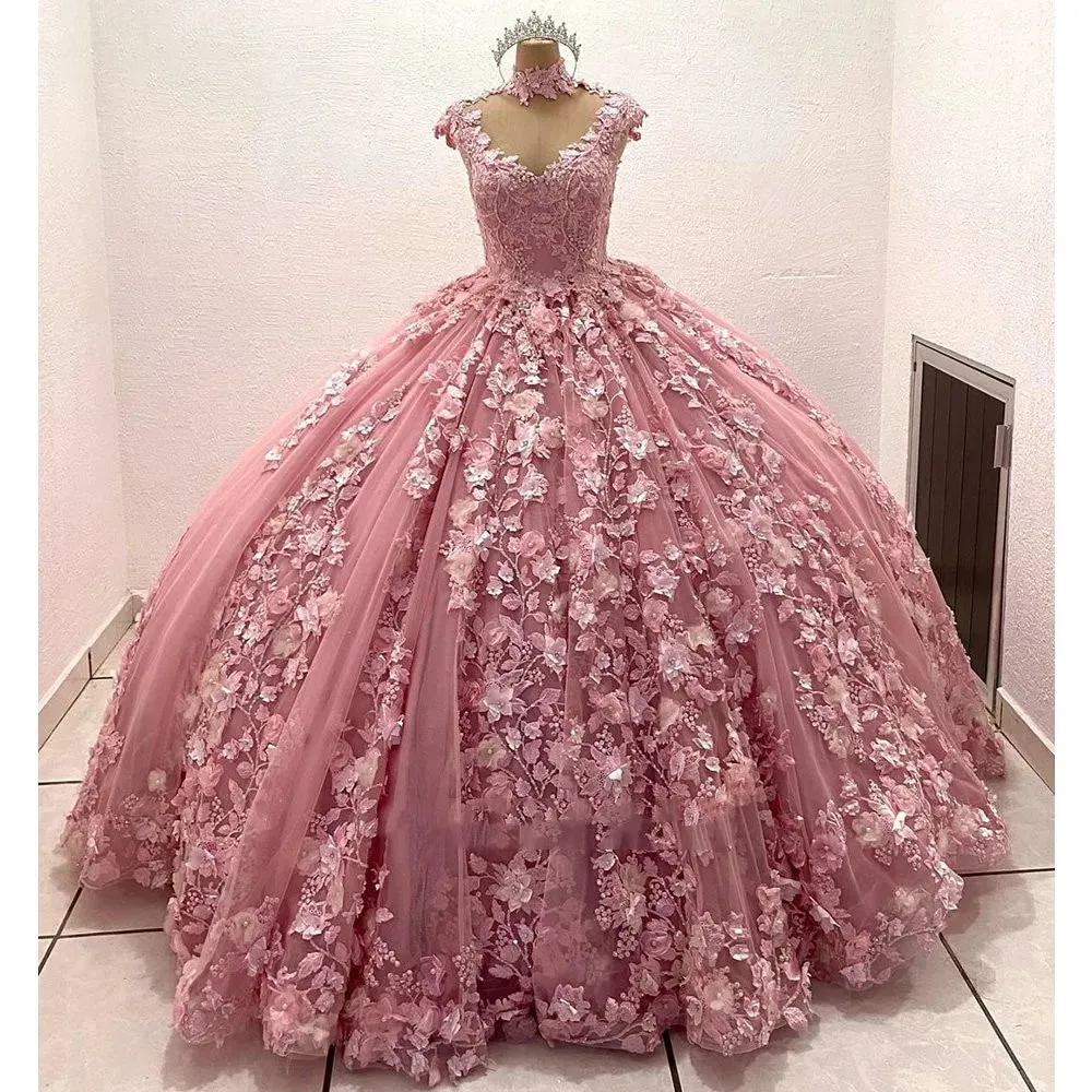 Pink 3D Flowers Quinceanera Dresses Luxury Pearls Beading Appliques Vestidos De 15 Anos Birthday Party Princess - Image 3