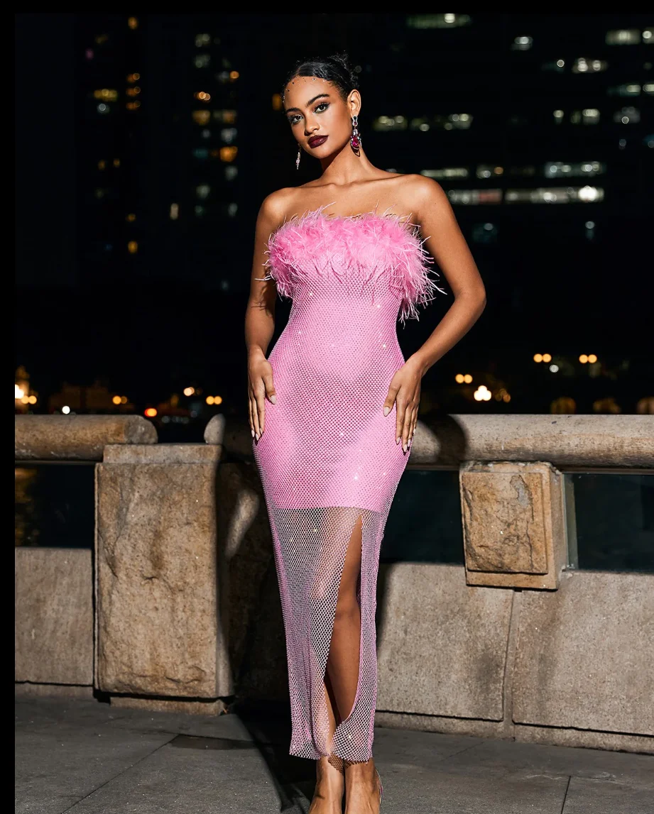 Pink Black Color Women Sexy Strapless Diamond Mesh Feathers Bodycon Long Dress Fashion Celebrate Nightclub Party Birthday Dress - Image 2