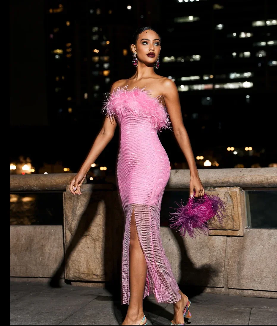 Pink Black Color Women Sexy Strapless Diamond Mesh Feathers Bodycon Long Dress Fashion Celebrate Nightclub Party Birthday Dress - Image 3