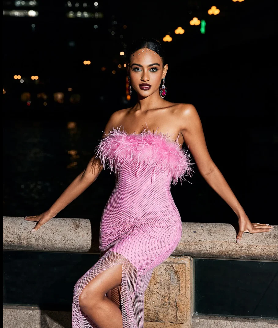 Pink Black Color Women Sexy Strapless Diamond Mesh Feathers Bodycon Long Dress Fashion Celebrate Nightclub Party Birthday Dress - Image 4