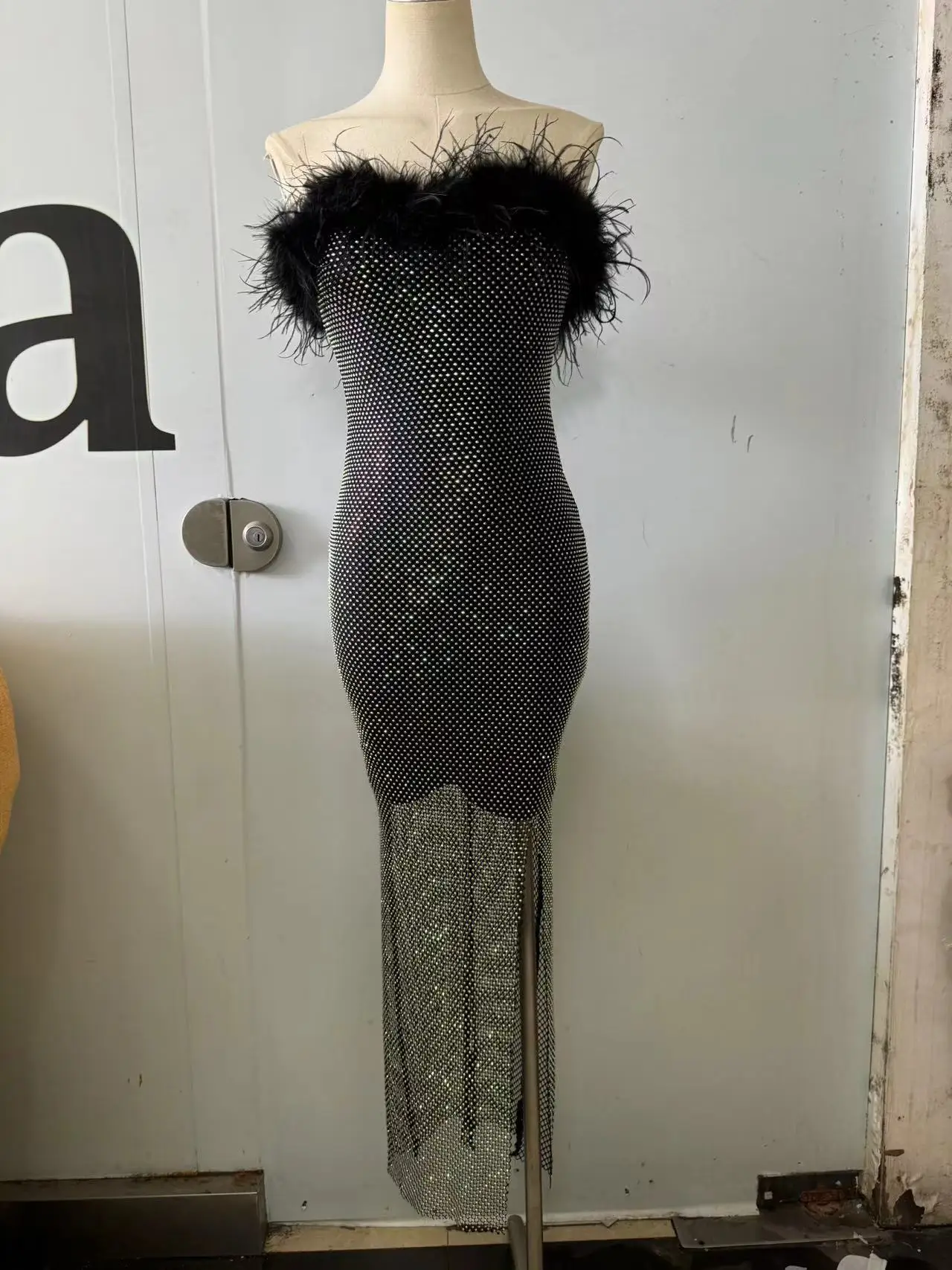 Pink Black Color Women Sexy Strapless Diamond Mesh Feathers Bodycon Long Dress Fashion Celebrate Nightclub Party Birthday Dress - Image 6