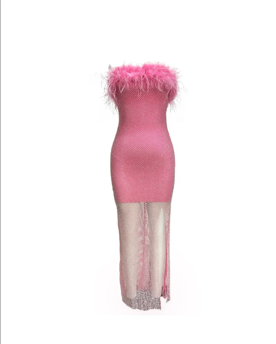 Pink Black Color Women Sexy Strapless Diamond Mesh Feathers Bodycon Long Dress Fashion Celebrate Nightclub Party Birthday Dress - Image 7