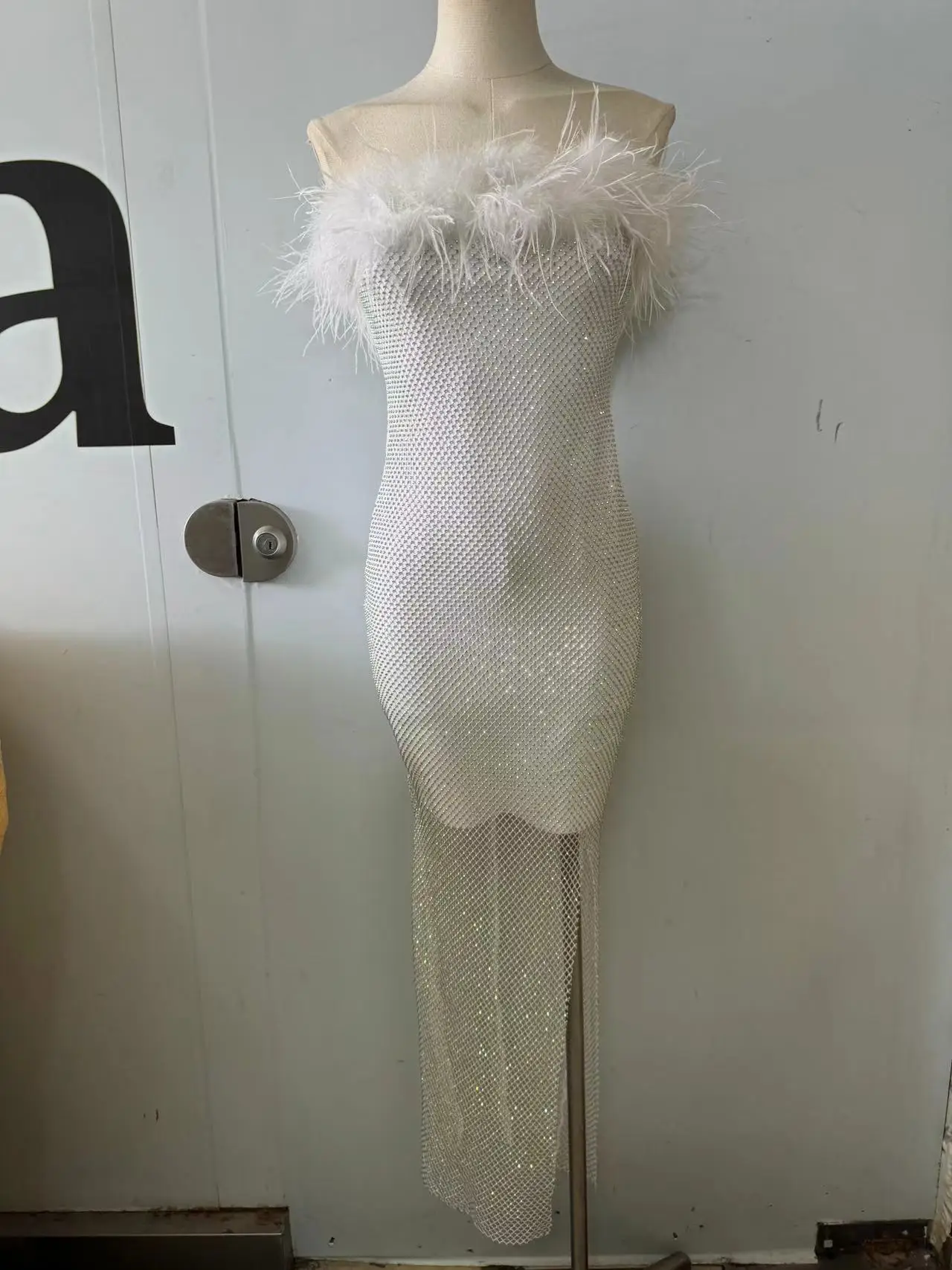 Pink Black Color Women Sexy Strapless Diamond Mesh Feathers Bodycon Long Dress Fashion Celebrate Nightclub Party Birthday Dress - Image 8