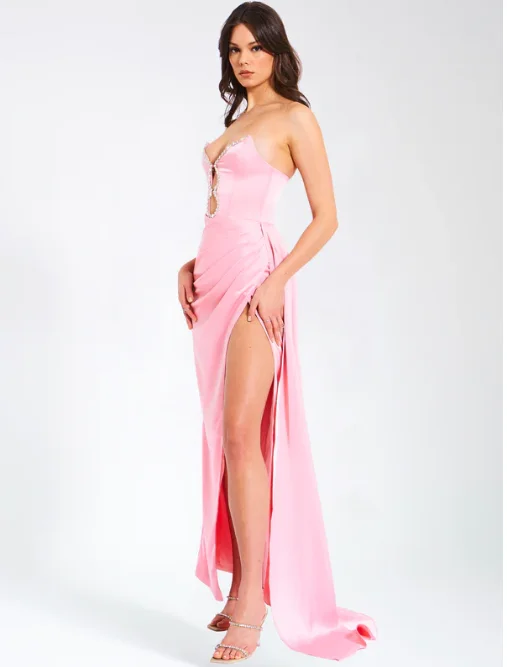 Pink Color Women Sexy Strapless Shinning Crystal Satin Bodycon High Split Dress Sweet Birthday Party Valentine's Day Dress - Image 2