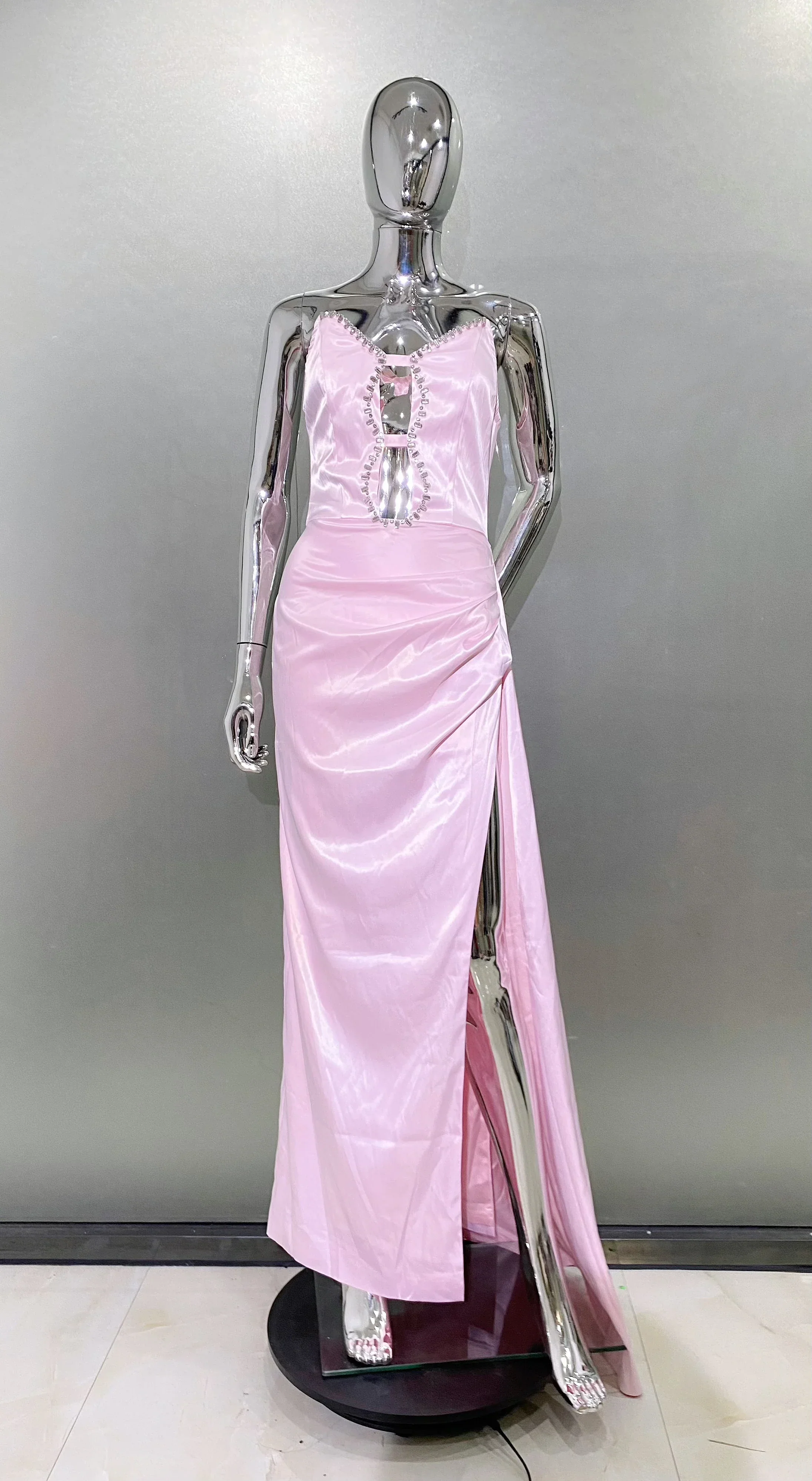 Pink Color Women Sexy Strapless Shinning Crystal Satin Bodycon High Split Dress Sweet Birthday Party Valentine's Day Dress - Image 3