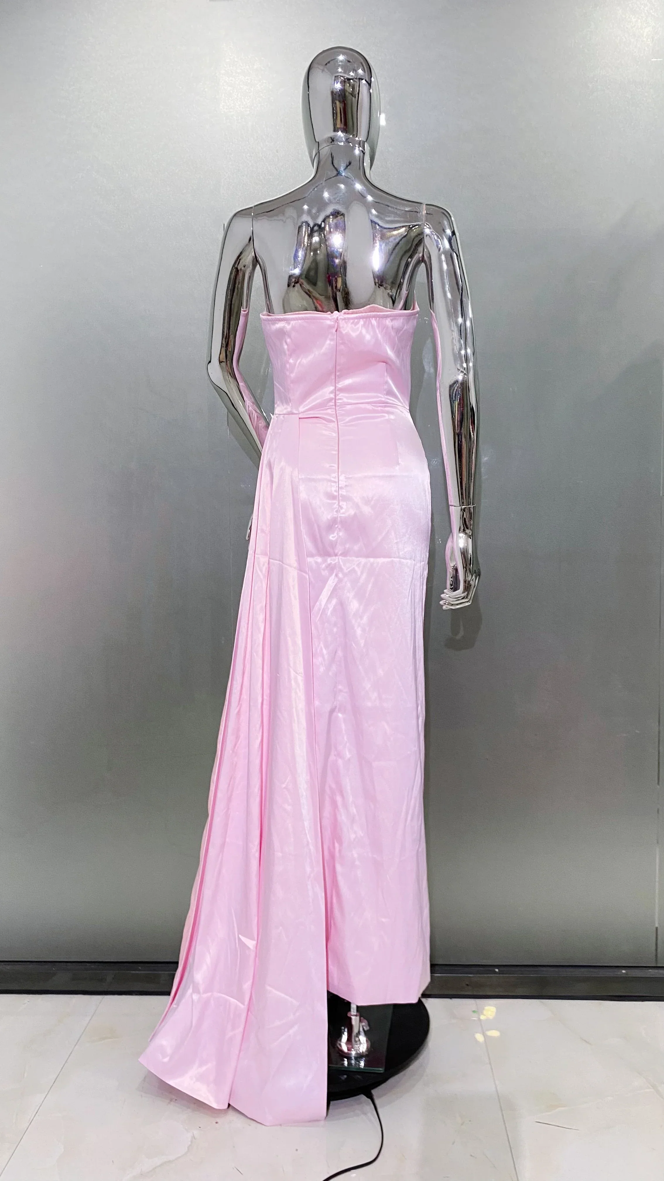 Pink Color Women Sexy Strapless Shinning Crystal Satin Bodycon High Split Dress Sweet Birthday Party Valentine's Day Dress - Image 5