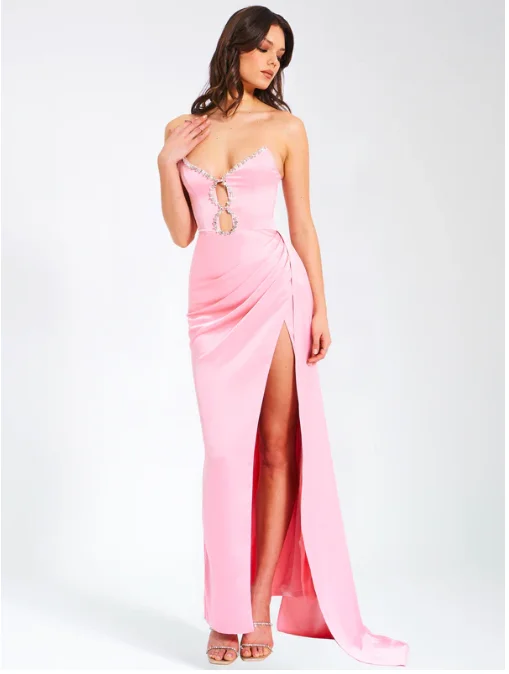 Pink Color Women Sexy Strapless Shinning Crystal Satin Bodycon High Split Dress Sweet Birthday Party Valentine's Day Dress - Image 6