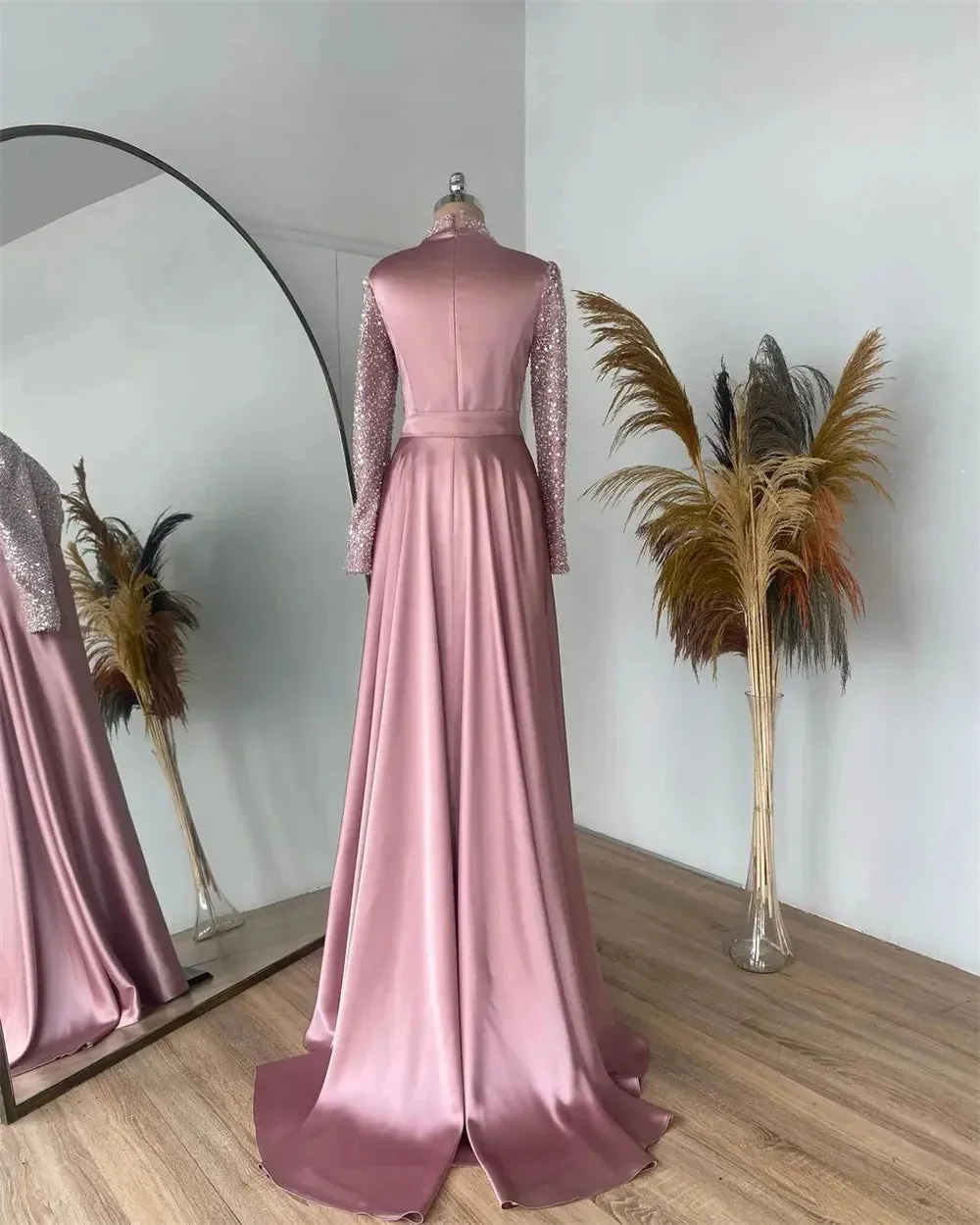 Pink Glitter vestidos de noche O-neck Mermaid Satin Prom Dresses Elegant Long Sleeves Floor-Length Formal Evening - Image 4