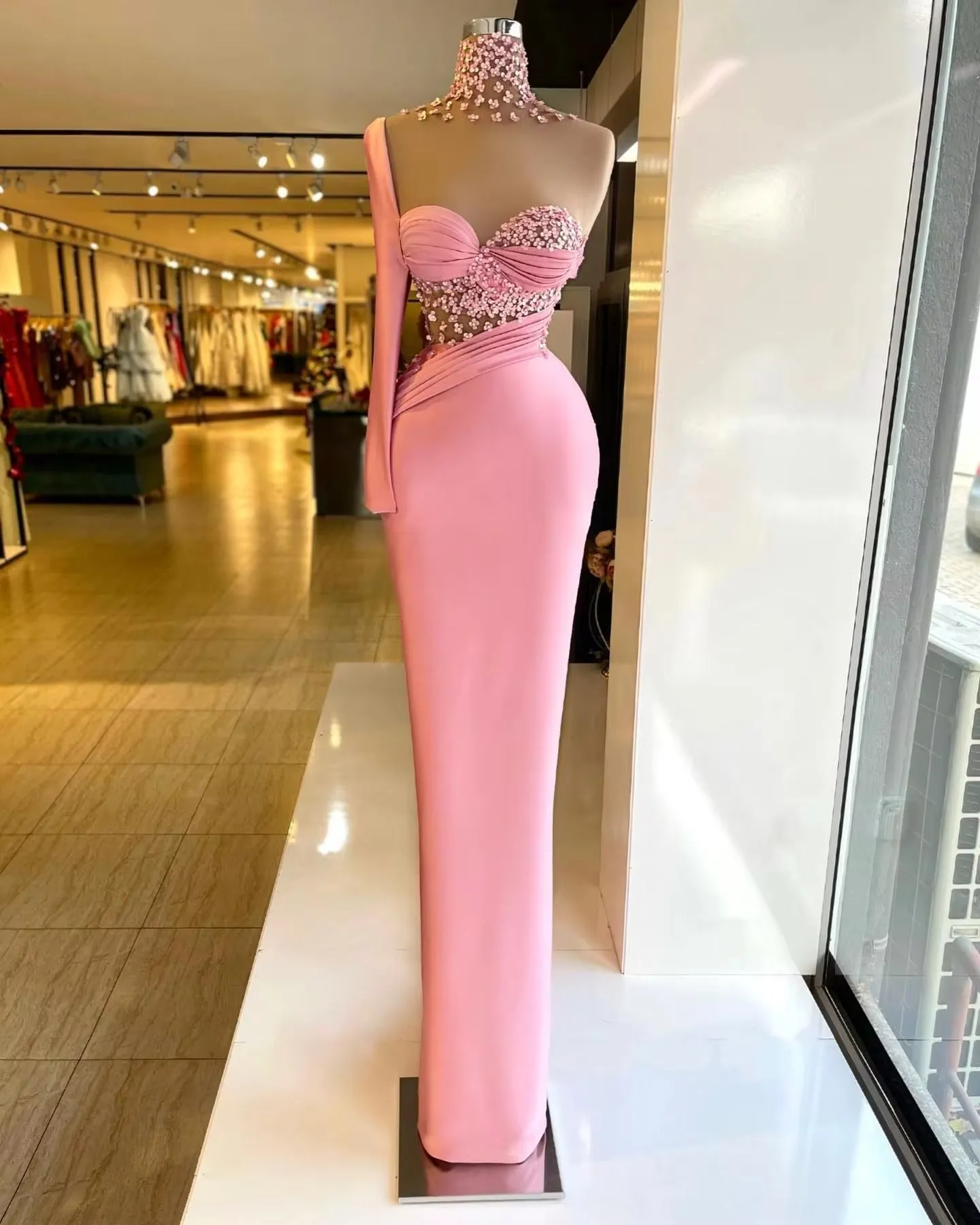 Pink Mermaid Prom Dresses Soft Satin Sequin Long Sleeves Formal Evening Party Gowns High Neck Dubai Women Prom Gowns - Image 3