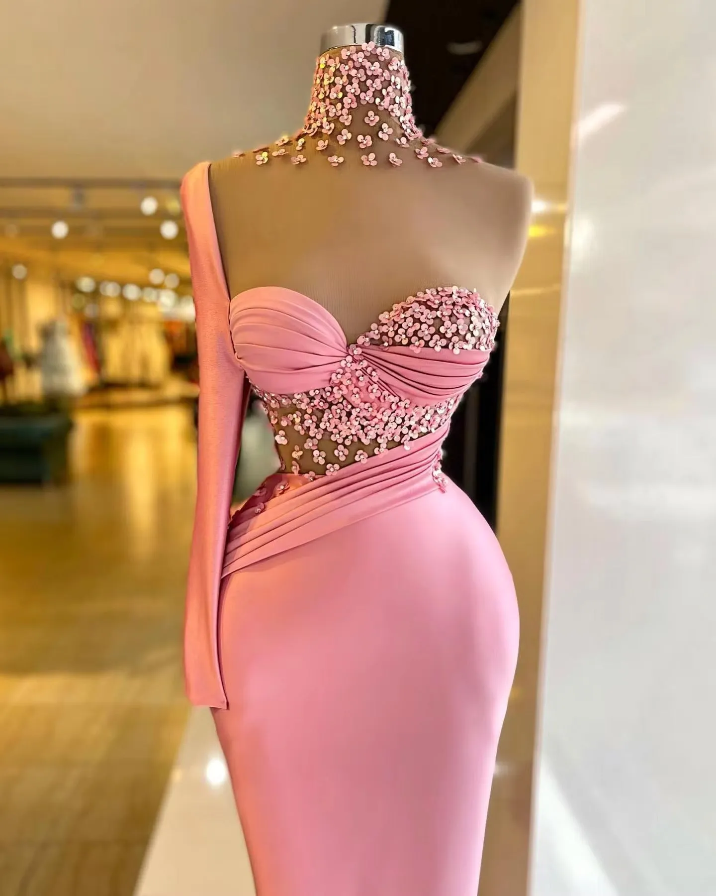 Pink Mermaid Prom Dresses Soft Satin Sequin Long Sleeves Formal Evening Party Gowns High Neck Dubai Women Prom Gowns - Image 4