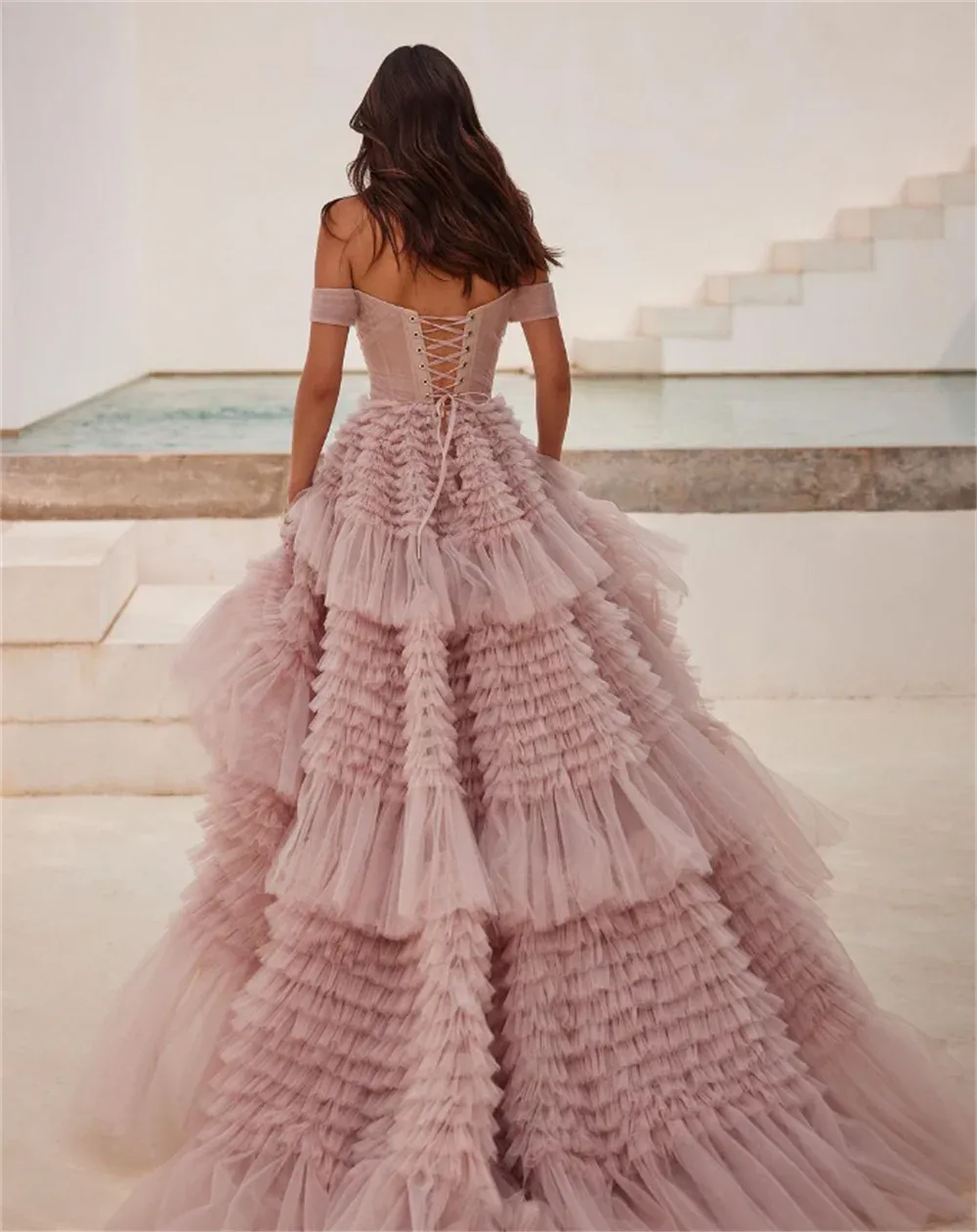 Pink Off Shoulder Tulle Prom Dress Elegant Multilayer A-line Vestidos De Fiesta Lace Up Back Sleeveless Evening Dress - Image 2