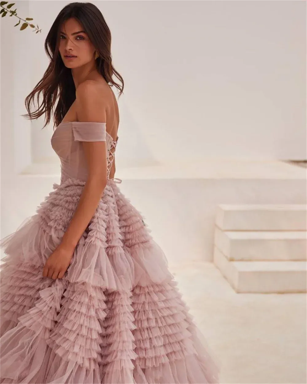 Pink Off Shoulder Tulle Prom Dress Elegant Multilayer A-line Vestidos De Fiesta Lace Up Back Sleeveless Evening Dress - Image 3