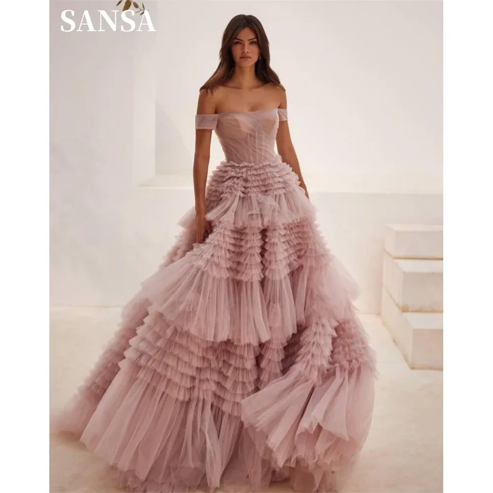 Pink Off Shoulder Tulle Prom Dress Elegant Multilayer A-line Vestidos De Fiesta Lace Up Back Sleeveless Evening Dress - Image 5