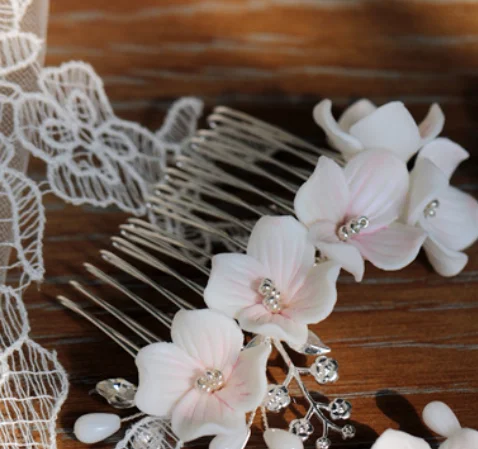 Pink Porcelain Flower Hair Comb Pin Clip Floral Head Piece For Brides Bridesmaids Hairpins Wedding Accessories Bridal Jewelry - Image 3