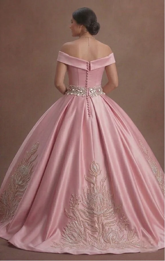 Pink Quinceañera Dress Crystal Waistband Satin Gown - Image 3
